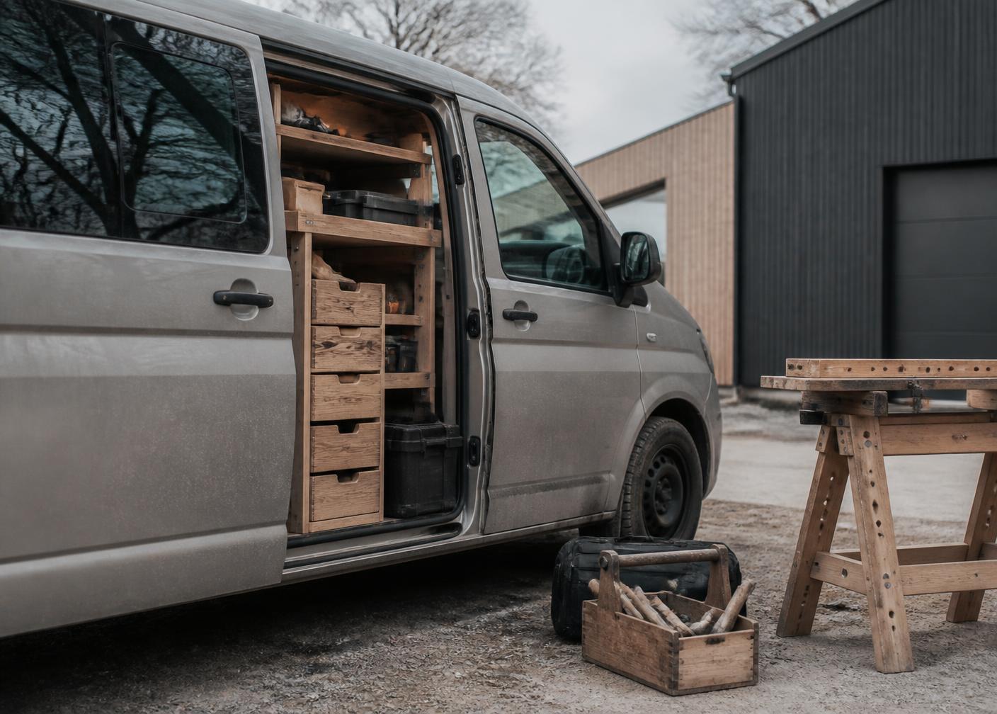 Servicebil med verktyg utanför en verkstad